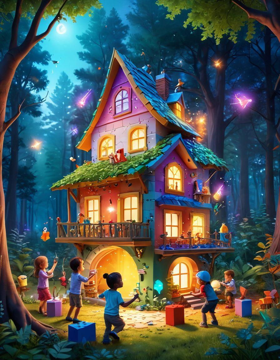 A whimsical scene of children engaged in various fun activities like painting, building blocks, and outdoor games, with magical elements like sparkles and glowing shapes surrounding them, symbolizing learning and creativity. Include an enchanting forest backdrop to emphasize exploration and imagination. Bright colors and joyful expressions on children's faces should radiate happiness and curiosity. 3D illustration. vibrant colors. fantasy style.