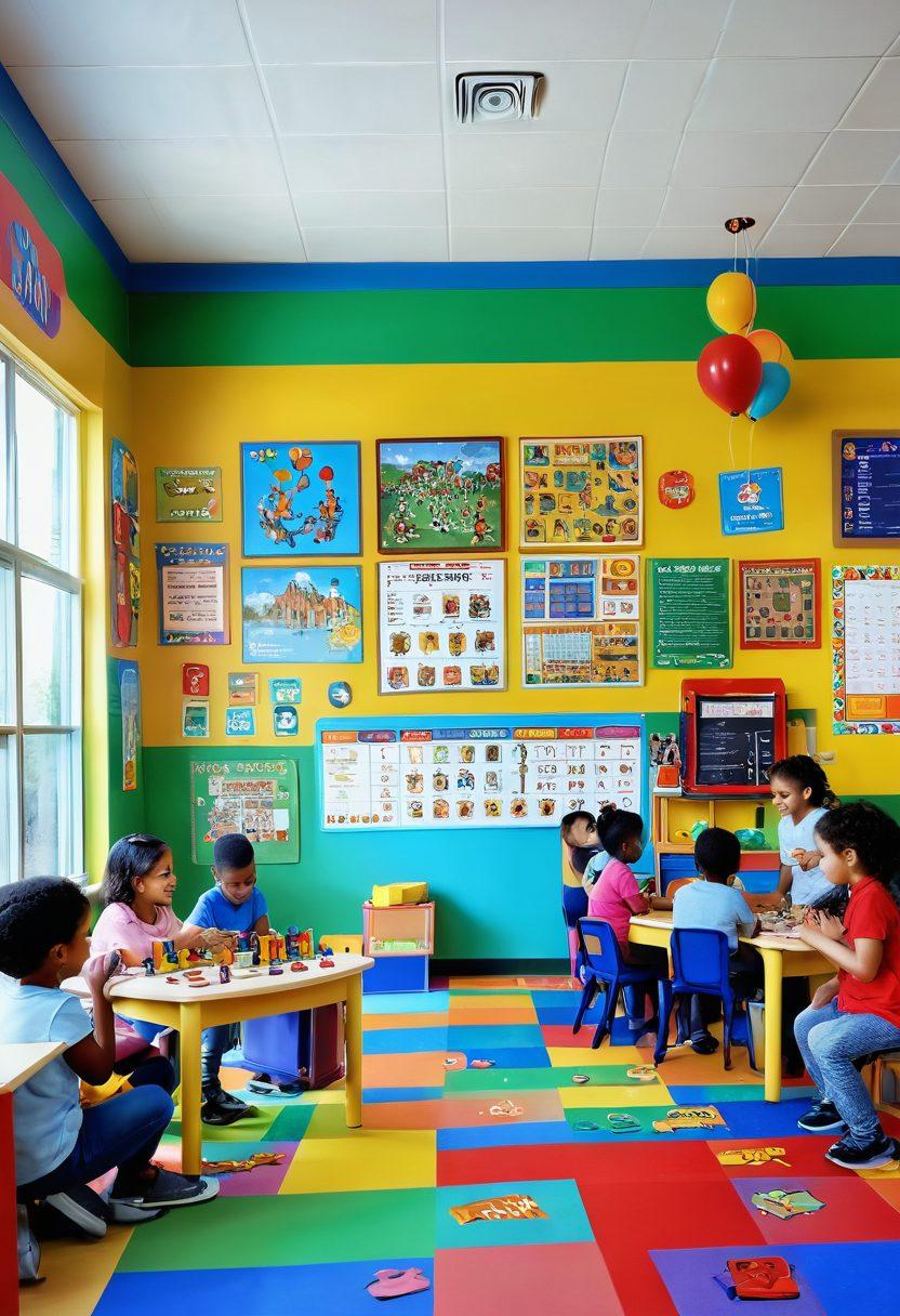 A vibrant classroom filled with children happily engaging in interactive games, showcasing diverse educational activities that promote learning through play. Include colorful game boards, educational toys, and smiling teachers guiding the fun. The atmosphere should radiate joy and creativity, with bright decorations on the walls. super-realistic. vibrant colors. 3D.
