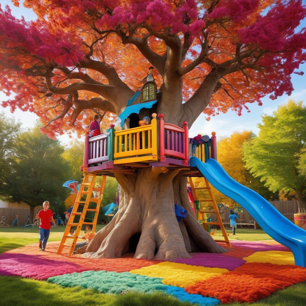 A whimsical, colorful playground filled with diverse children engaging in imaginative play—building forts, climbing, and painting. Include vibrant learning tools like giant storybooks and oversized puzzle pieces scattered around, with trees and flowers that inspire creativity. The scene should radiate joy and excitement, showcasing both physical and cognitive activities. super-realistic. vibrant colors. bright sunny sky.